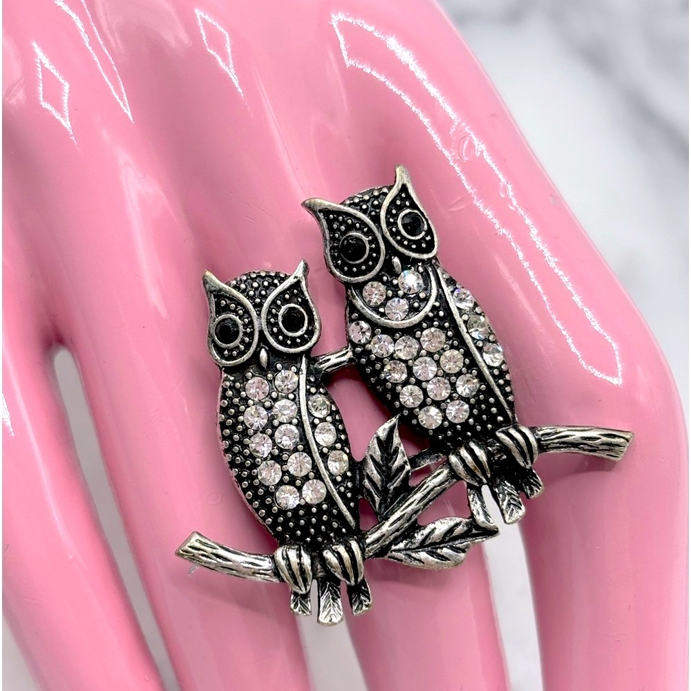 Antique Silver tone & Crystal Duo OWL on Branch Stretch Band Ring